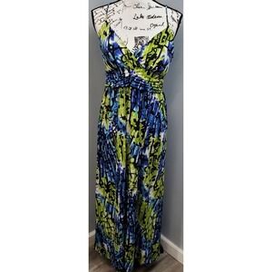 Carrie Allen Long Maxi Dress Womens Medium Blue Green Gathered Waist Wrap V Neck